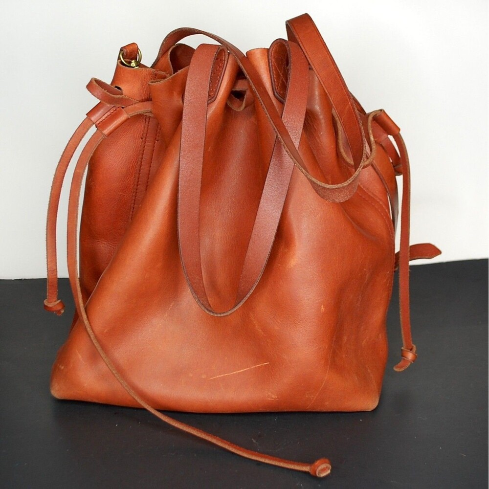 Madewell Lafayette Red Brown Leather Drawstring Crossbody Shoulder Bucket Bag
